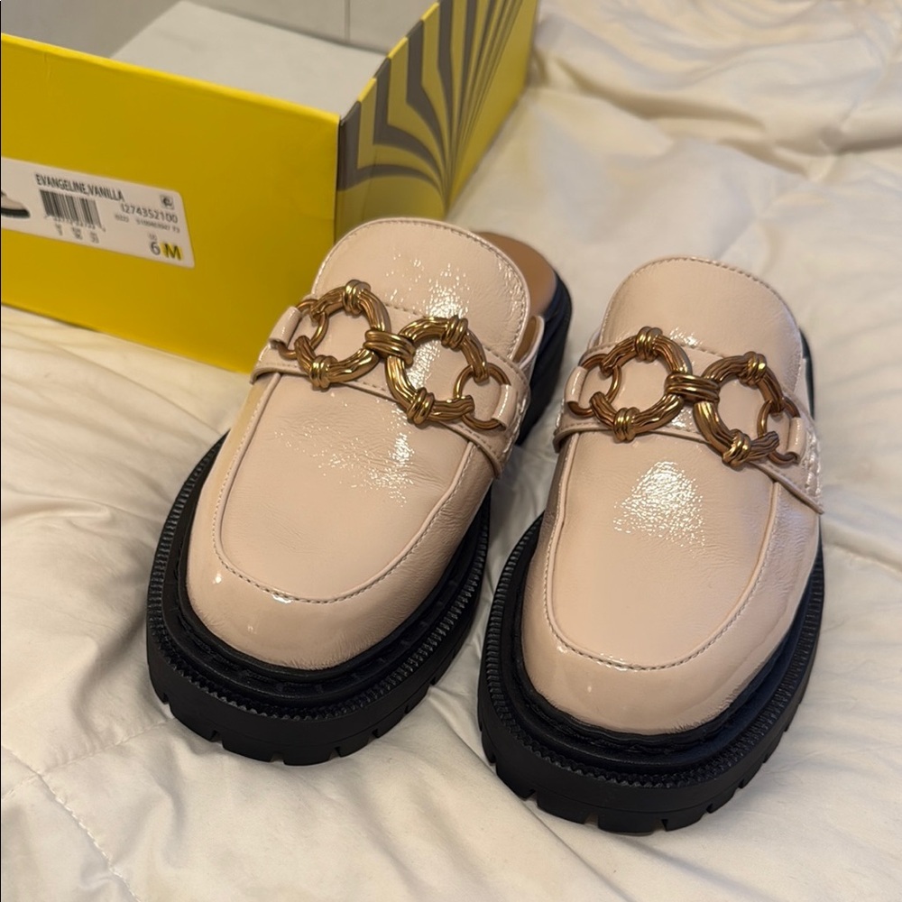 Sam Edleman Cream and Gold Mules with Chunky Sole